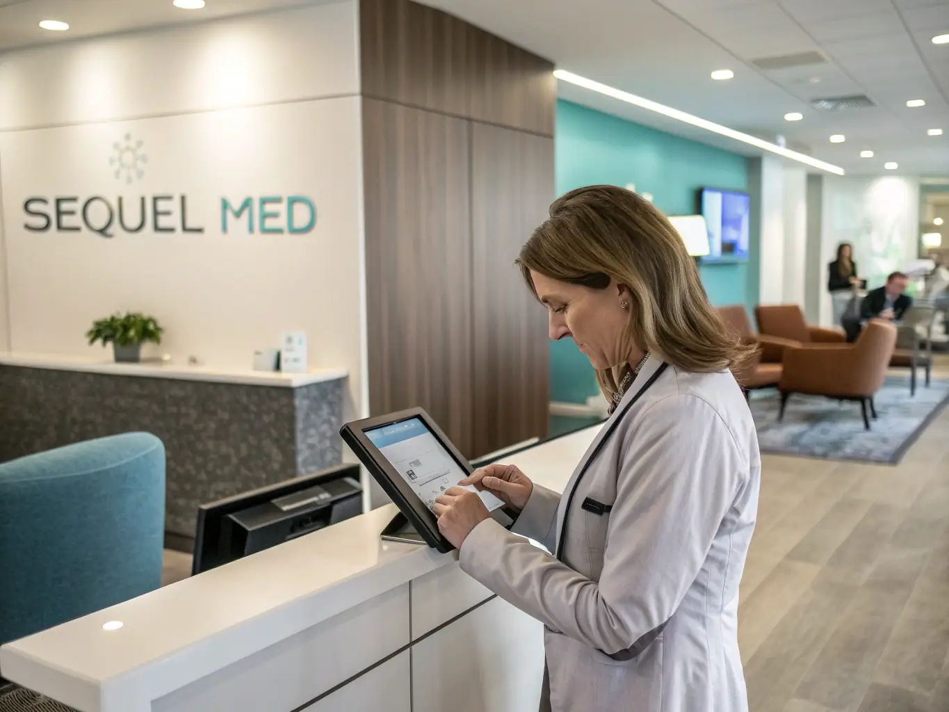 A friendly receptionist sending a reminder message on a tablet while a client confirms their appointment, illustrating KlassKlinic AI's no-show reduction strategies.