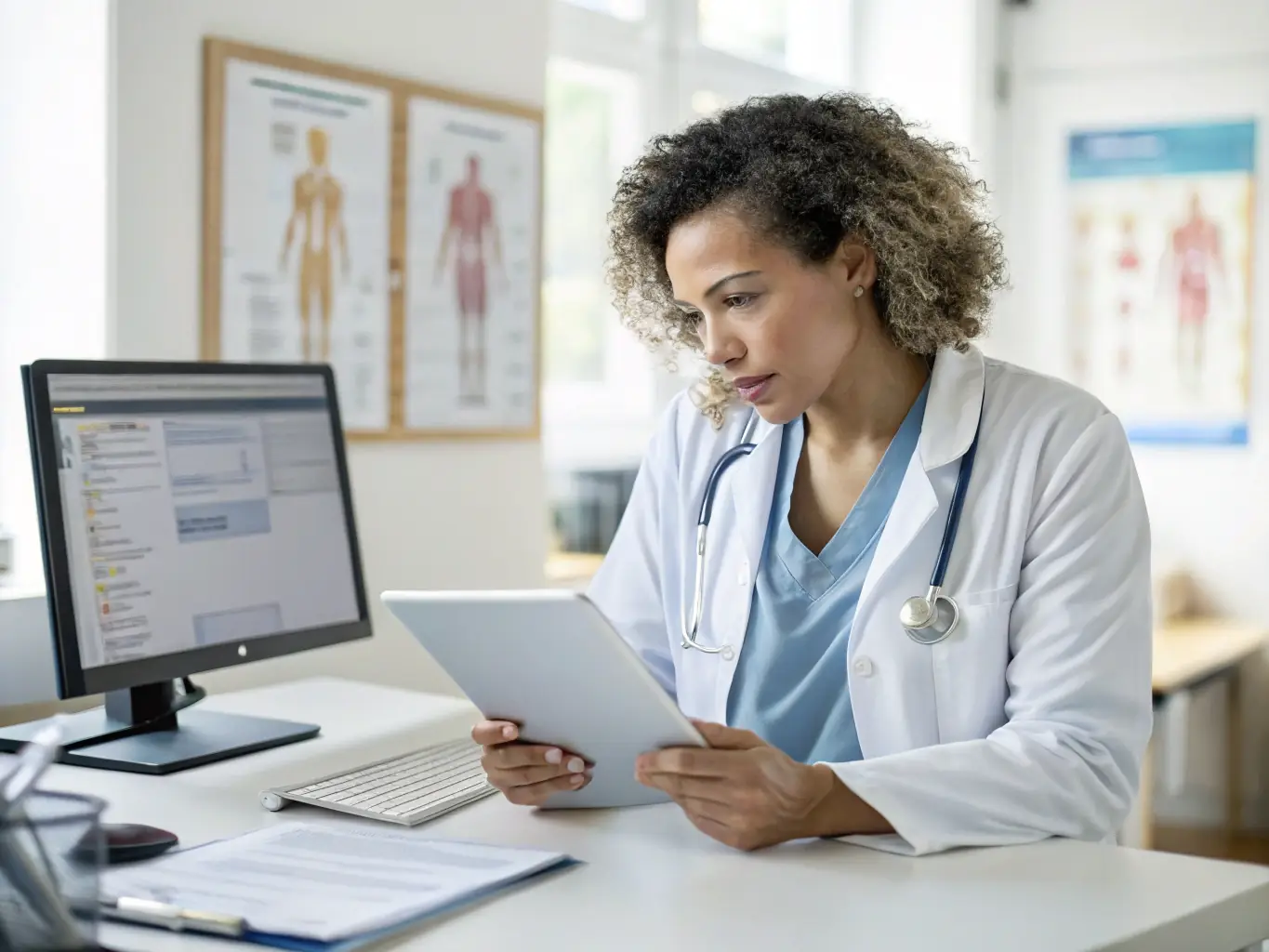 A healthcare professional reviewing client feedback on a tablet with positive engagement metrics displayed, showcasing KlassKlinic AI's client engagement management solutions.