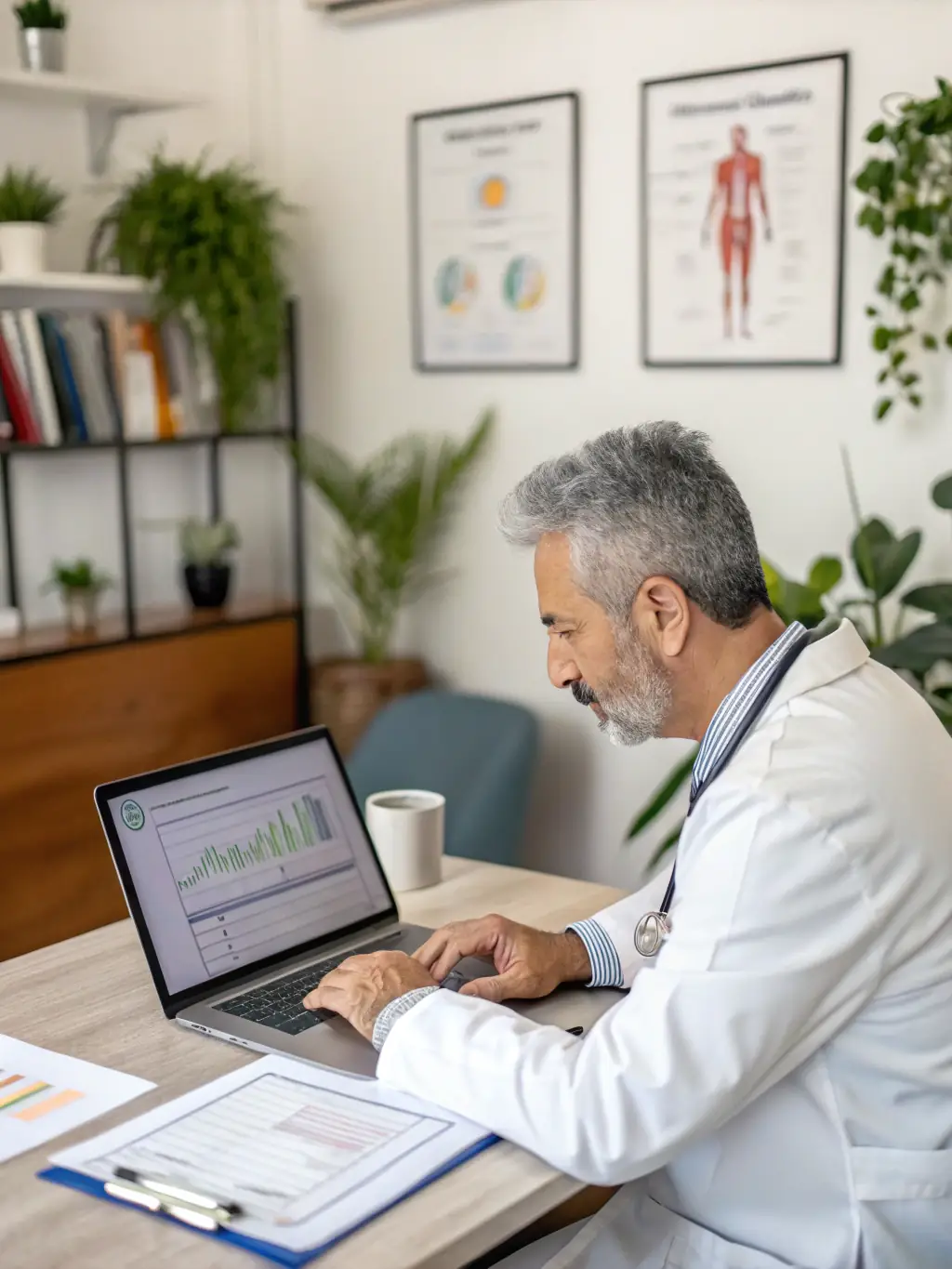 A graph showing upward revenue trends with a healthcare professional analyzing data on a laptop, representing profitability enhancement solutions.