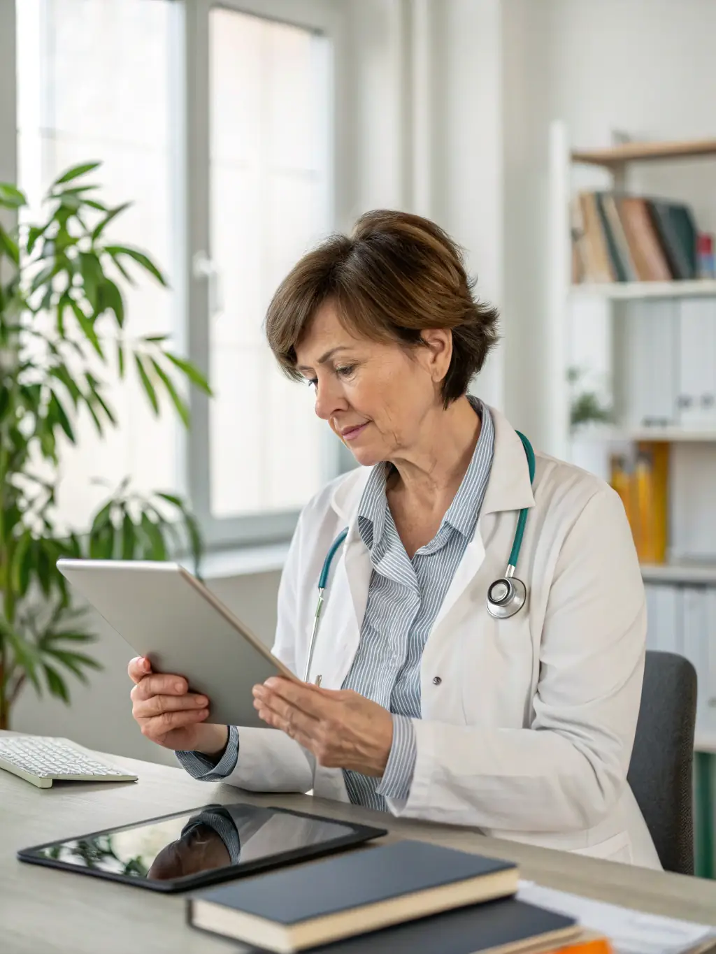 A healthcare professional reviewing client feedback on a tablet with positive engagement metrics displayed, showcasing client engagement management.