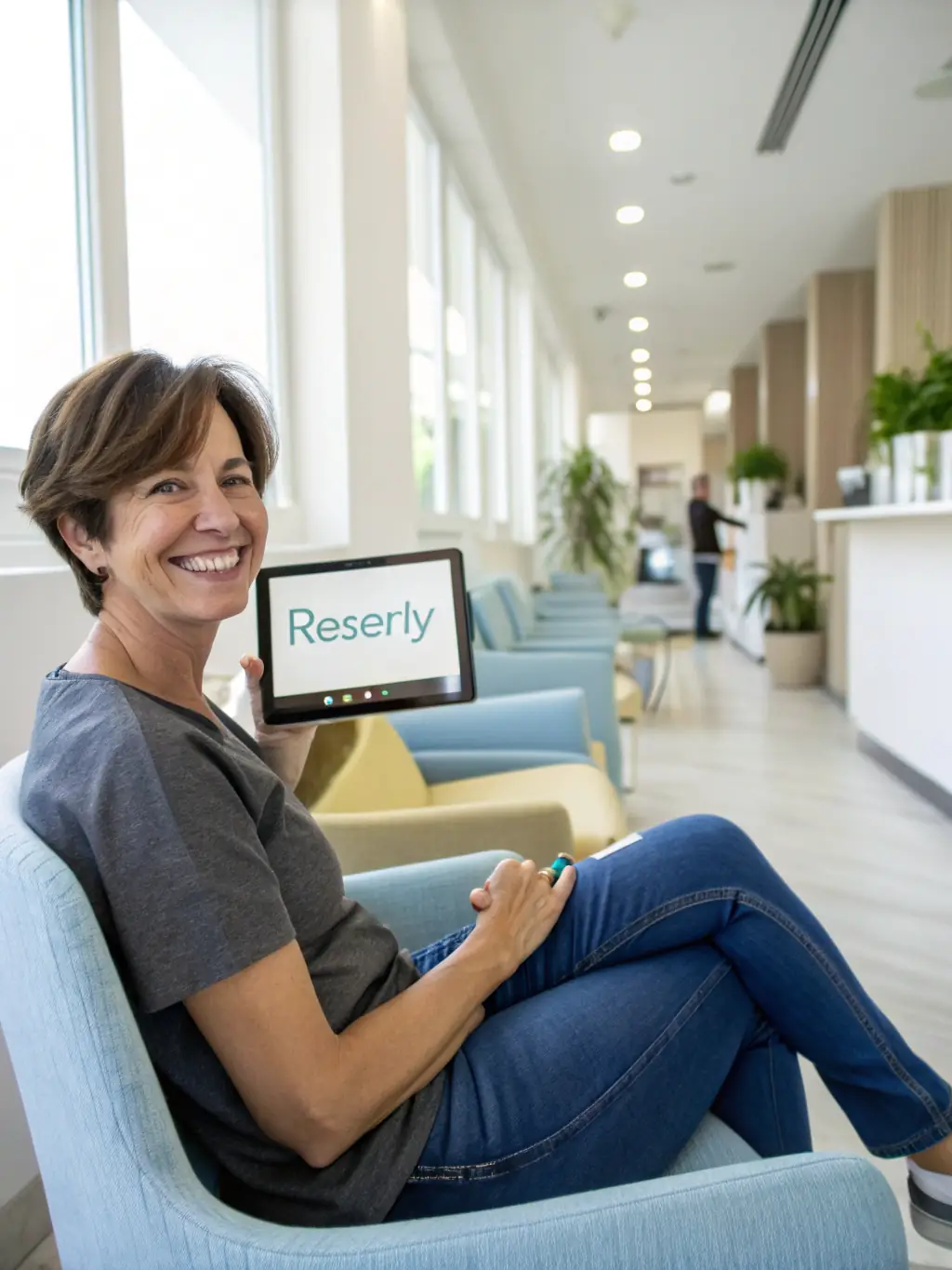 A friendly receptionist sending a reminder message on a tablet while a client confirms their appointment, illustrating no-show reduction strategies.