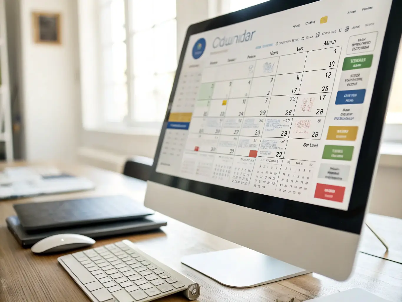 A modern computer screen displaying an intuitive appointment calendar interface with colorful booking slots, representing KlassKlinic AI's booking system optimization service.