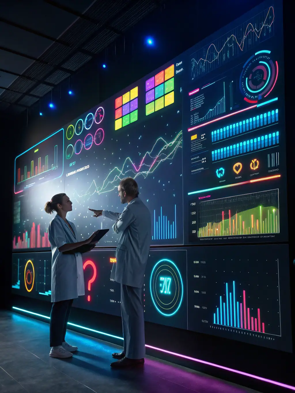A clinic team reviewing a dashboard with real-time engagement analytics, showing graphs and notifications from the AI Receptionist system.