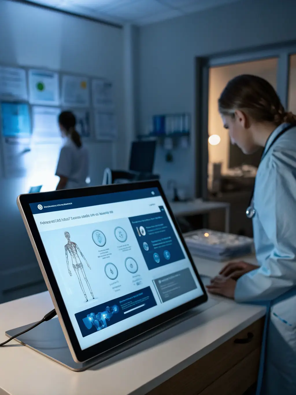 A consultation room with a patient filling out a digital pre-screening form on a tablet, with AI icons highlighting secure and efficient data collection for clinics.