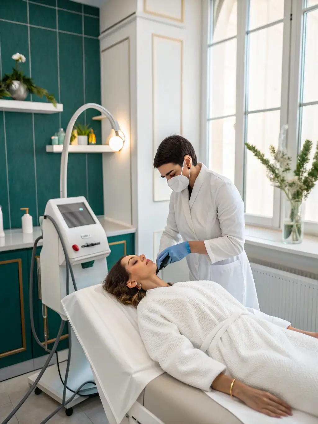 A bright, welcoming laser and skin clinic with a patient booking an appointment on a smartphone, while a digital assistant graphic hovers on the screen, illustrating automated scheduling.