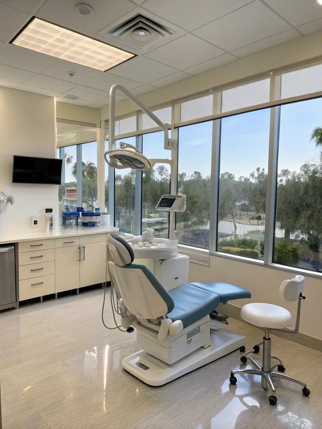 A modern dental clinic reception area with a digital kiosk and a smiling patient interacting with a virtual assistant interface on a tablet, conveying seamless AI-powered inquiry management.